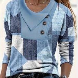Chic Blue Patchwork Women's Long Sleeve Tee